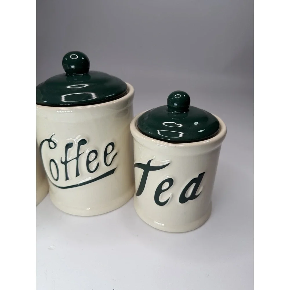 Vintage Himark Coffee Sugar & Tea Canister Set 3 Hunter Green Cream Taiwan